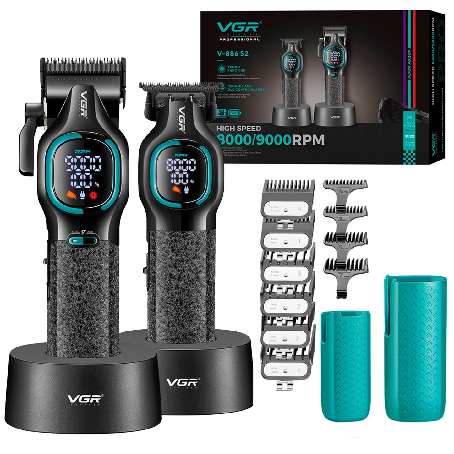 VGR V-886 S2 – Set Profesional Clipper + Trimmer 9000RPM Turbo me Tehe Ceramike & DLC, Bateri Afatgjatë