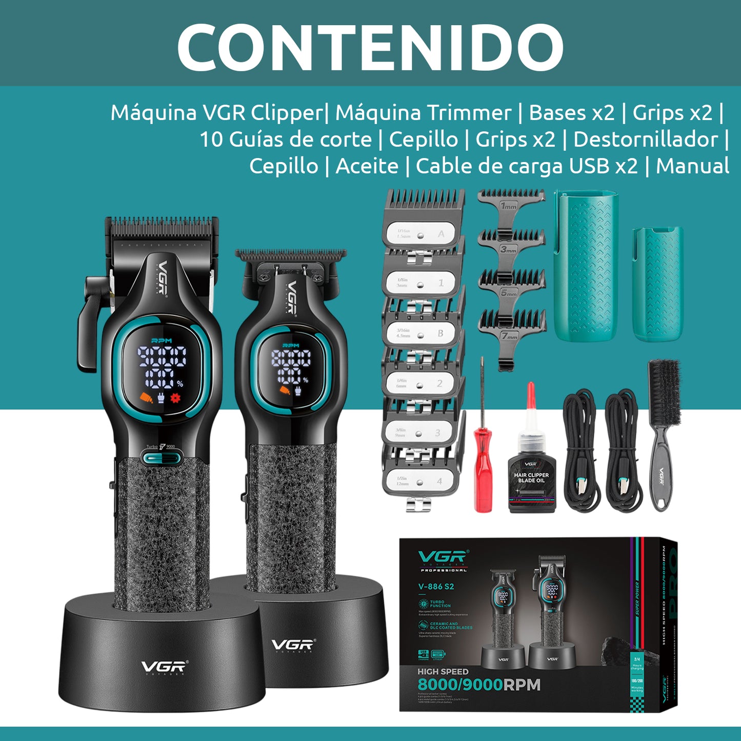 VGR V-886 S2 – Set Profesional Clipper + Trimmer 9000RPM Turbo me Tehe Ceramike & DLC, Bateri Afatgjatë