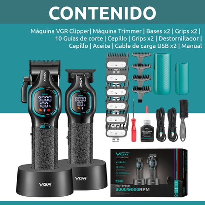 VGR V-886 S2 – Set Profesional Clipper + Trimmer 9000RPM Turbo me Tehe Ceramike & DLC, Bateri Afatgjatë