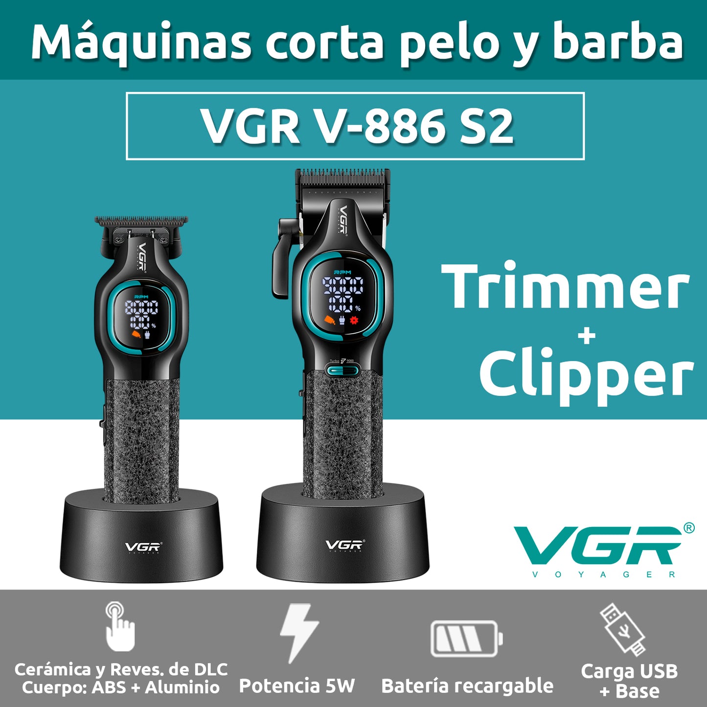 VGR V-886 S2 – Set Profesional Clipper + Trimmer 9000RPM Turbo me Tehe Ceramike & DLC, Bateri Afatgjatë