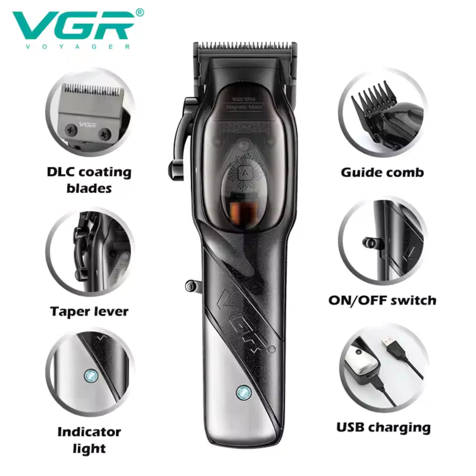 VGR V-002 Trimmer Profesional – 9000 RPM, Motor Magnetik, Pa Kabëll & i Rikarikueshëm