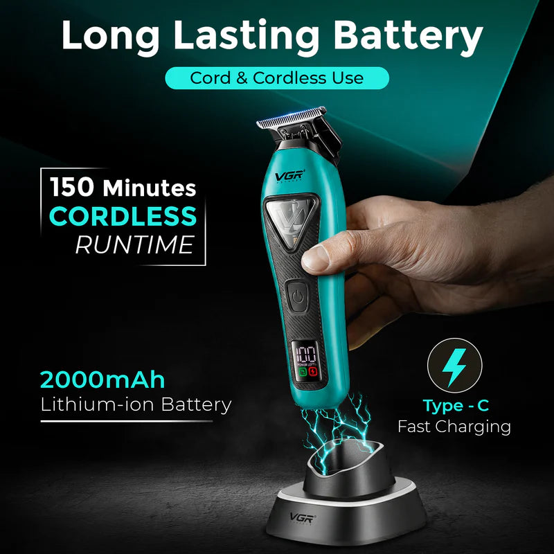 VGR V-035T Professional Hair Trimmer – 9000 RPM Vector Motor, DLC Blades, LED Display & USB-C Charging