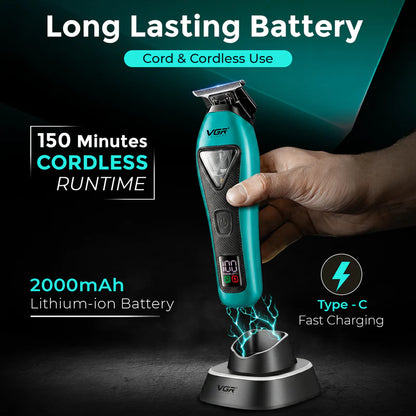 VGR V-035T Professional Hair Trimmer – 9000 RPM Vector Motor, DLC Blades, LED Display & USB-C Charging