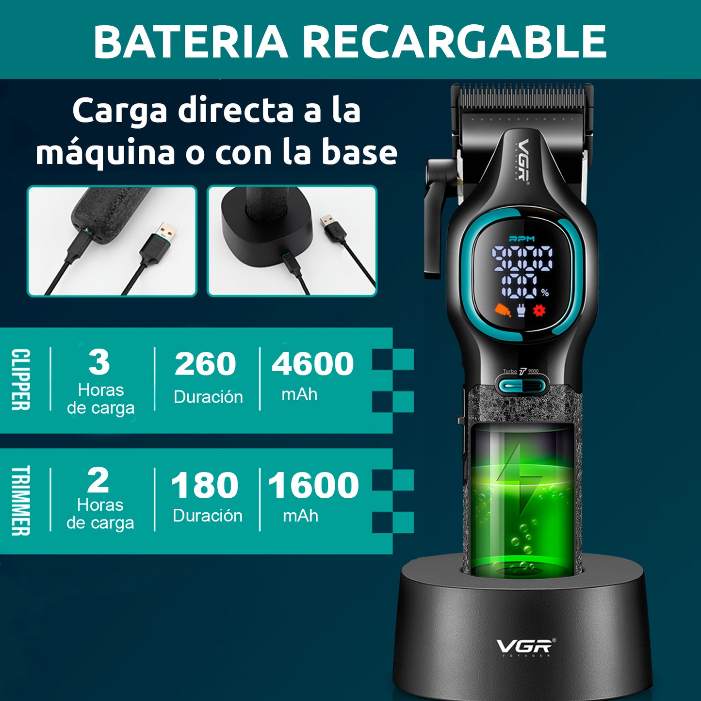 VGR V-886 S2 – Set Profesional Clipper + Trimmer 9000RPM Turbo me Tehe Ceramike & DLC, Bateri Afatgjatë