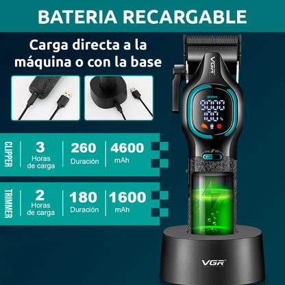 VGR V-886 S2 – Set Profesional Clipper + Trimmer 9000RPM Turbo me Tehe Ceramike & DLC, Bateri Afatgjatë