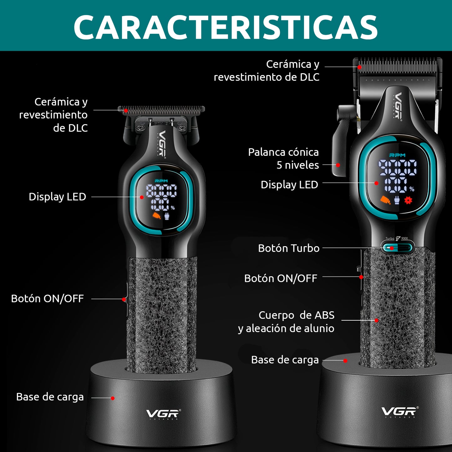 VGR V-886 S2 – Set Profesional Clipper + Trimmer 9000RPM Turbo me Tehe Ceramike & DLC, Bateri Afatgjatë