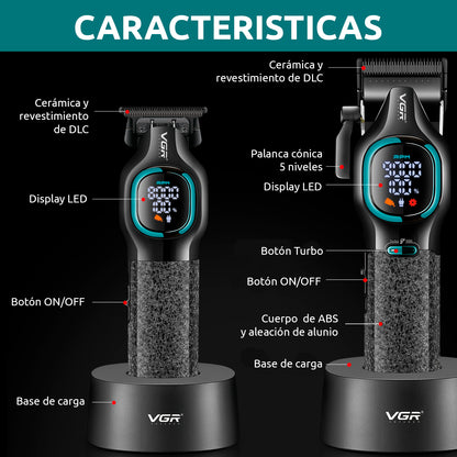 VGR V-886 S2 – Set Profesional Clipper + Trimmer 9000RPM Turbo me Tehe Ceramike & DLC, Bateri Afatgjatë