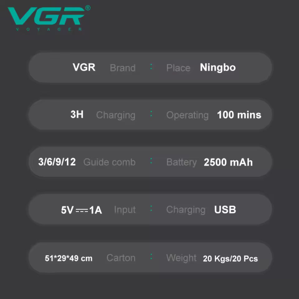 VGR V-002 Trimmer Profesional – 9000 RPM, Motor Magnetik, Pa Kabëll & i Rikarikueshëm