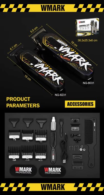 WMARK NG-8631KIT Formula W1 – Set Profesional Clipper & Trimmer me Motor 9000RPM, 240 Min Runtime, 2 Shpejtësi, USB-C, Teh Qeramike + Inox DLC
