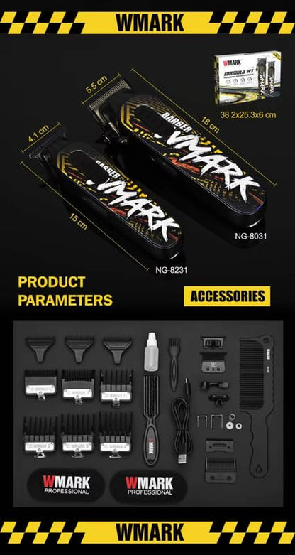 WMARK NG-8631KIT Formula W1 – Set Profesional Clipper & Trimmer me Motor 9000RPM, 240 Min Runtime, 2 Shpejtësi, USB-C, Teh Qeramike + Inox DLC