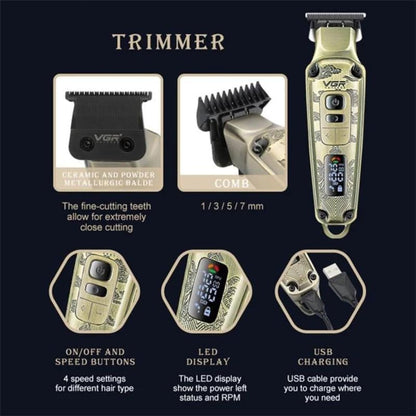 VGR V-643 Ultra Premium Qethëse & Trimmer Profesional – Metal Housing, Powder Metallurgic Blade, Ekran Digital, Motor 4-Shpejtësi 5500–7000 RPM
