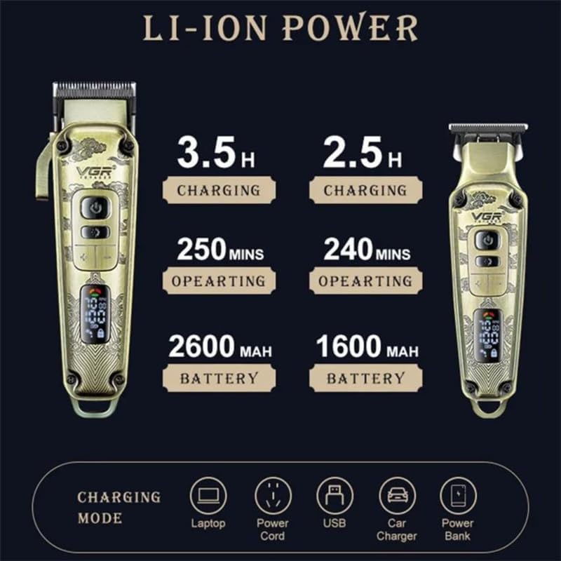 VGR V-643 Ultra Premium Qethëse & Trimmer Profesional – Metal Housing, Powder Metallurgic Blade, Ekran Digital, Motor 4-Shpejtësi 5500–7000 RPM