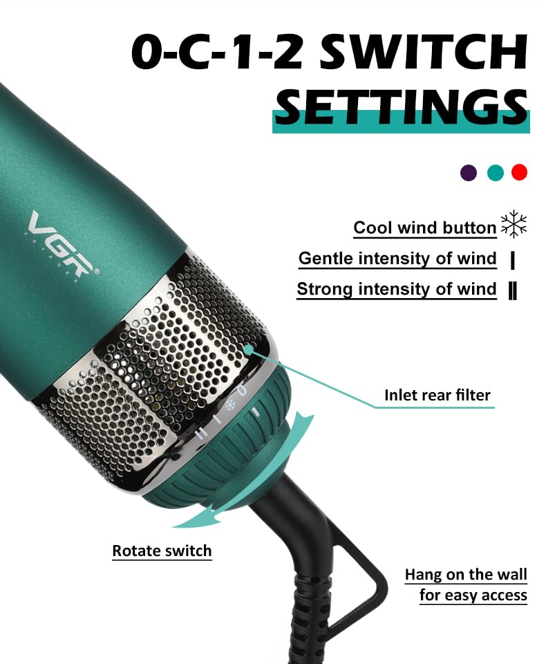 VGR V-493 Hair Dryer Brush 4-in-1 – Hot Air Brush për Tharje, Drejtim, Kaçurrela & Volum me Veshje Keramike, 3 Temperatura, Dizajn i Çmontueshëm – Green