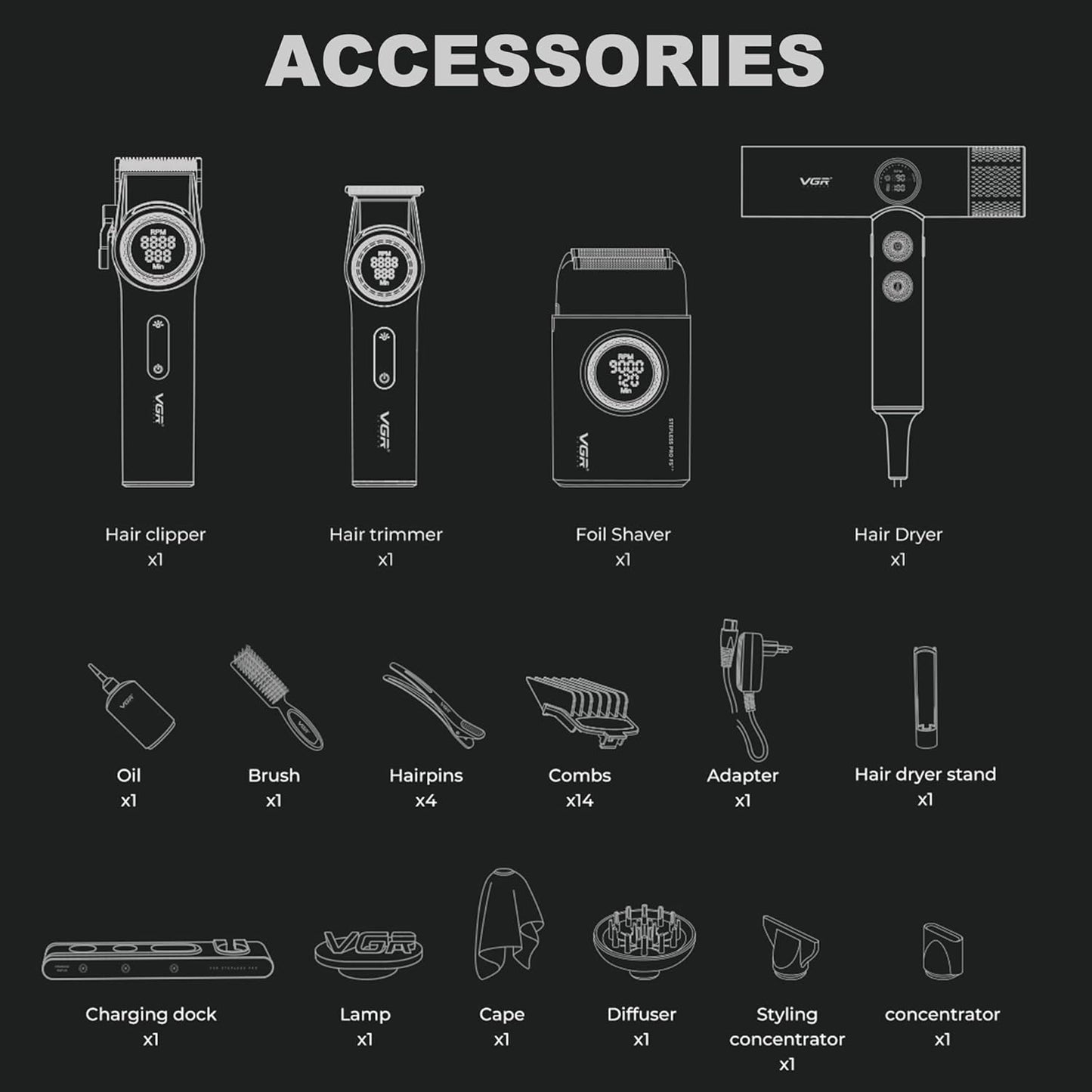 VGR Set Profesional 4-në-1 për Berberë me Çantë Udhëtimi – 9000RPM Makineri Qethëse, Trimmer, Rroje Foil & Tharëse Flokësh