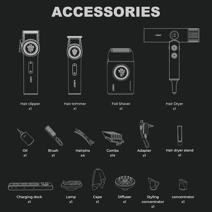 VGR Set Profesional 4-në-1 për Berberë me Çantë Udhëtimi – 9000RPM Makineri Qethëse, Trimmer, Rroje Foil & Tharëse Flokësh