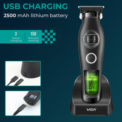 VGR 880T Trimmer Profesional për Meshkuj | Motor BLDC 7200 RPM, T-Blade Zero-Gap Ceramic & MIM, Bateri 2500mAh, Charging Base