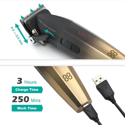 VGR 003 – Makinë Profesionale për Flokë dhe Mjekër, 9000 RPM, Ekran LED, Gold