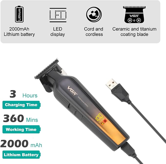 VGR 930 Trimmer Profesional me T-Blade 0-Gap, 360 Min Përdorim, Ekran LED & Karikim USB-C – Prerje Precize për Flokë dhe Mjekër