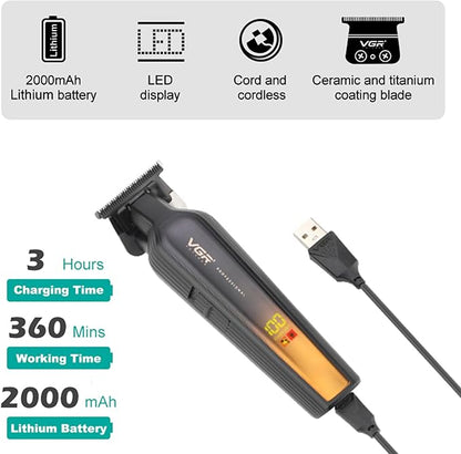 VGR 930 Trimmer Profesional me T-Blade 0-Gap, 360 Min Përdorim, Ekran LED & Karikim USB-C – Prerje Precize për Flokë dhe Mjekër