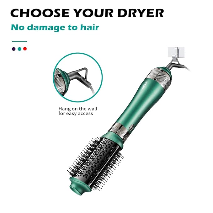 VGR V-493 Hair Dryer Brush 4-in-1 – Hot Air Brush për Tharje, Drejtim, Kaçurrela & Volum me Veshje Keramike, 3 Temperatura, Dizajn i Çmontueshëm – Green