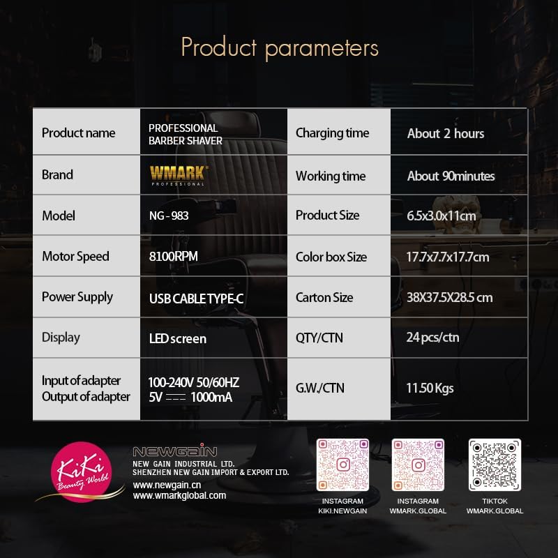 WMARK NG-983 Makinë Profesionale për Rruajtje – 8100RPM, Trimer për Mjekër, Me Dy Fleta Folie, E Rikarikueshme, E Përshtatshme për Berberë dhe Përdorim Personal