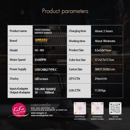 WMARK NG-983 Makinë Profesionale për Rruajtje – 8100RPM, Trimer për Mjekër, Me Dy Fleta Folie, E Rikarikueshme, E Përshtatshme për Berberë dhe Përdorim Personal