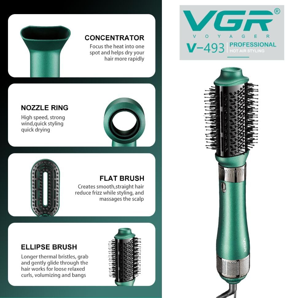VGR V-493 Hair Dryer Brush 4-in-1 – Hot Air Brush për Tharje, Drejtim, Kaçurrela & Volum me Veshje Keramike, 3 Temperatura, Dizajn i Çmontueshëm – Green