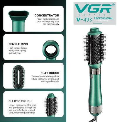 VGR V-493 Hair Dryer Brush 4-in-1 – Hot Air Brush për Tharje, Drejtim, Kaçurrela & Volum me Veshje Keramike, 3 Temperatura, Dizajn i Çmontueshëm – Green