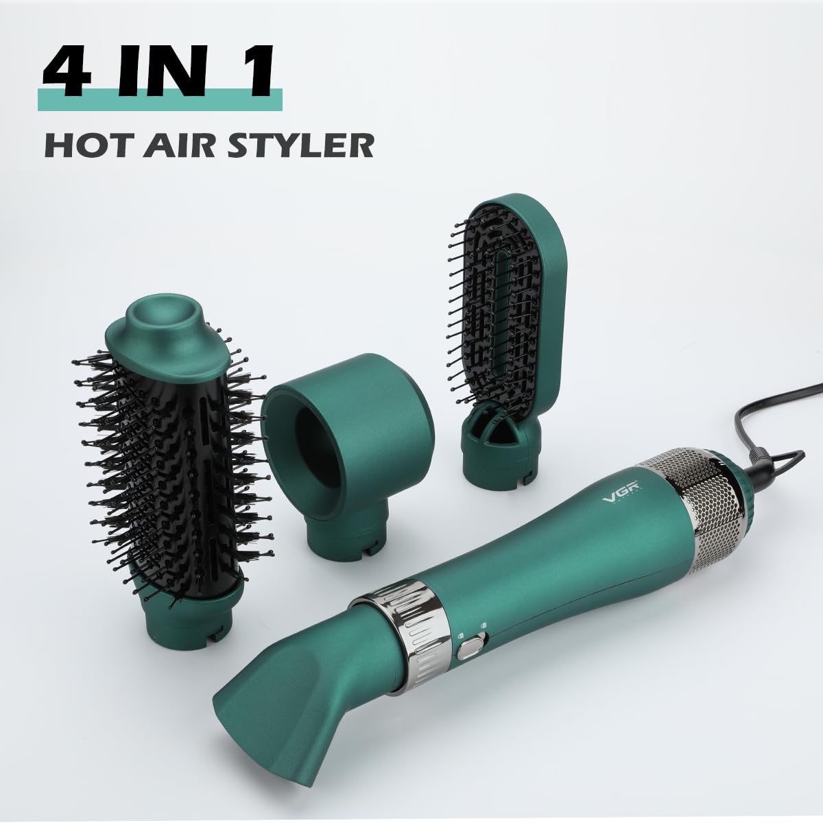 VGR V-493 Hair Dryer Brush 4-in-1 – Hot Air Brush për Tharje, Drejtim, Kaçurrela & Volum me Veshje Keramike, 3 Temperatura, Dizajn i Çmontueshëm – Green