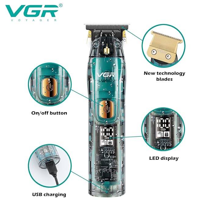 VGR V-961 Transparent – Trimmer Profesional me Dizajn Modern, Teh Qeramike & Ekran LED