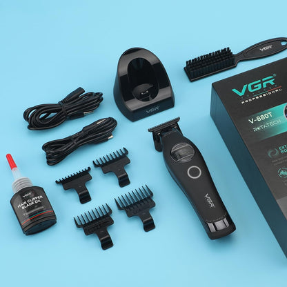 VGR 880T Trimmer Profesional për Meshkuj | Motor BLDC 7200 RPM, T-Blade Zero-Gap Ceramic & MIM, Bateri 2500mAh, Charging Base