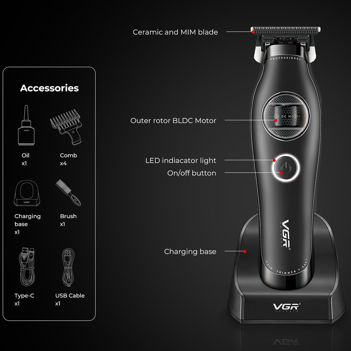 VGR 880T Trimmer Profesional për Meshkuj | Motor BLDC 7200 RPM, T-Blade Zero-Gap Ceramic & MIM, Bateri 2500mAh, Charging Base
