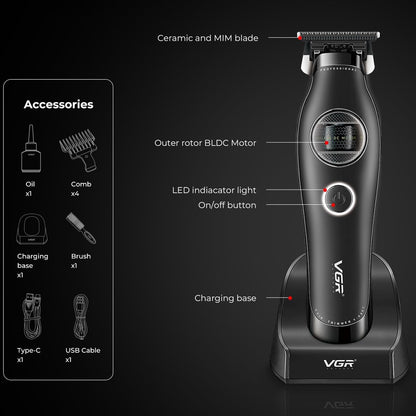 VGR 880T Trimmer Profesional për Meshkuj | Motor BLDC 7200 RPM, T-Blade Zero-Gap Ceramic & MIM, Bateri 2500mAh, Charging Base