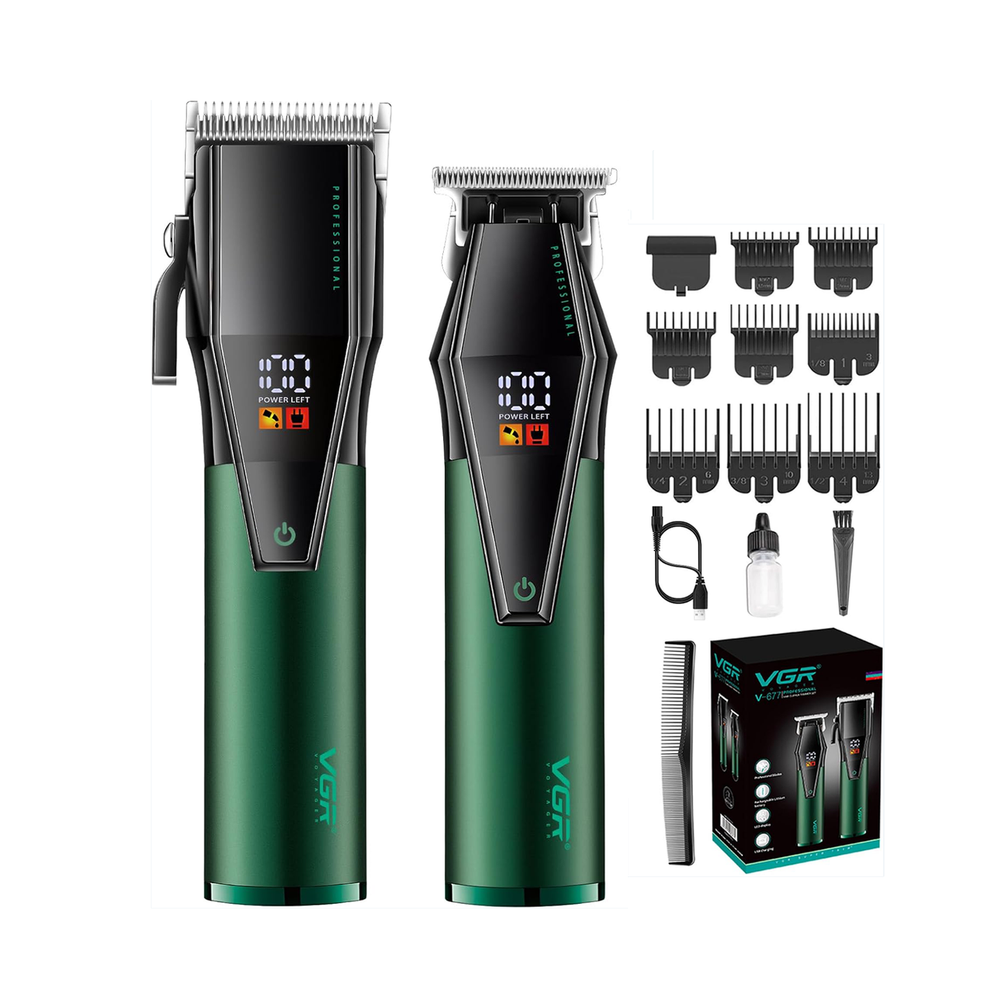 Set Profesional VGR për Prerje Flokësh – Makinë + Trimmer, Motor i Fuqishëm, Bateri e Gjatë, Ekran LED