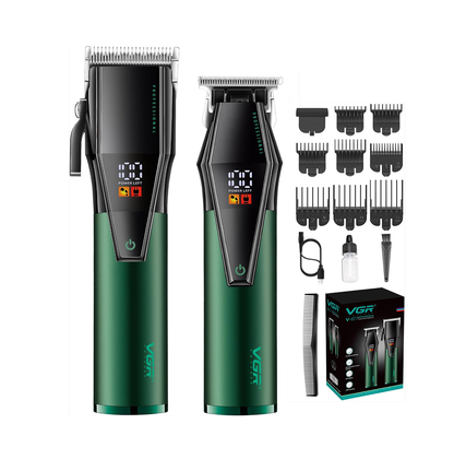 Set Profesional VGR për Prerje Flokësh – Makinë + Trimmer, Motor i Fuqishëm, Bateri e Gjatë, Ekran LED