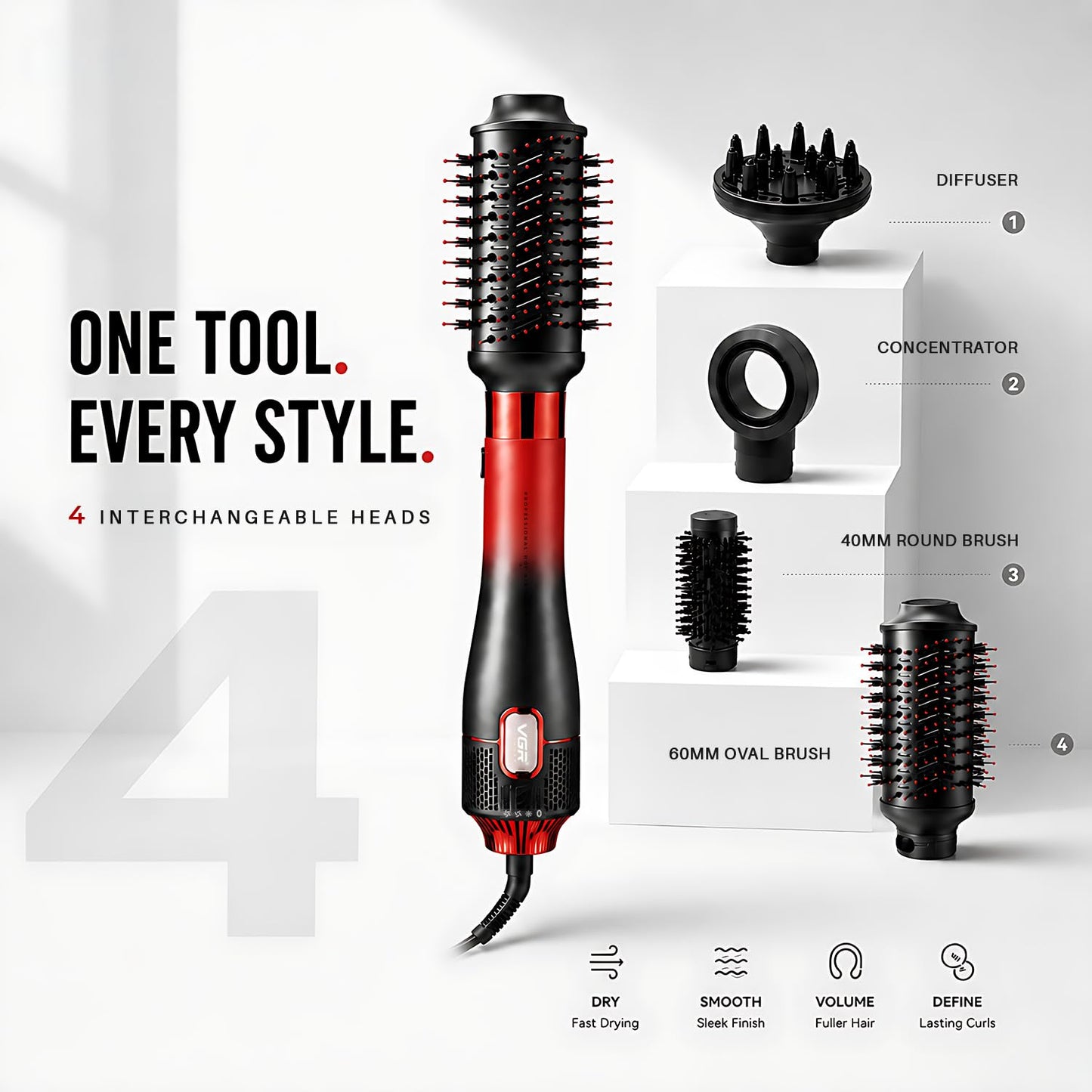 VGR V-484 4-në-1 Hot Air Brush Profesionale 1000–1100W | Furçë për Flokë për Tharje të Shpejtë, Volum dhe Stilim me 4 Aksesorë