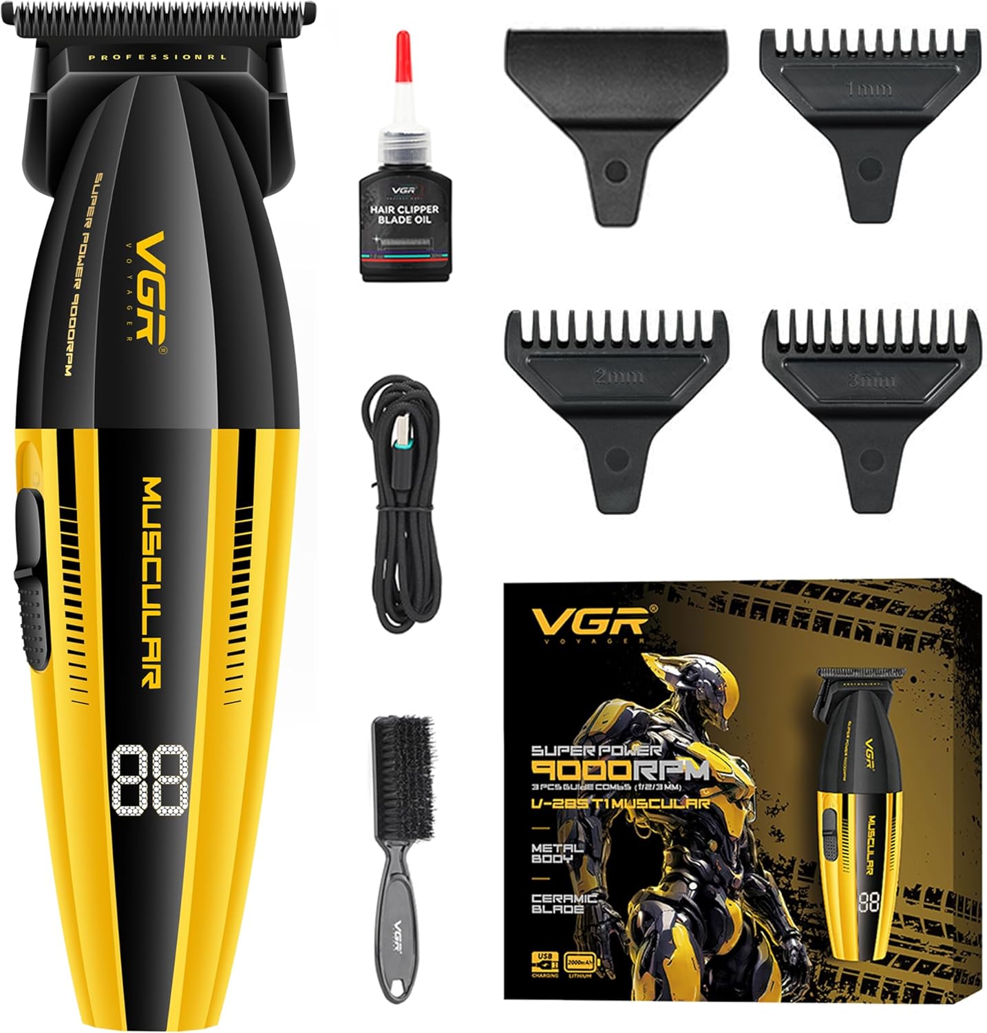 VGR V-285T Professional Hair Trimmer – Zero Gap T-Blade, 9000RPM Motor, LED Display & USB Rechargeable