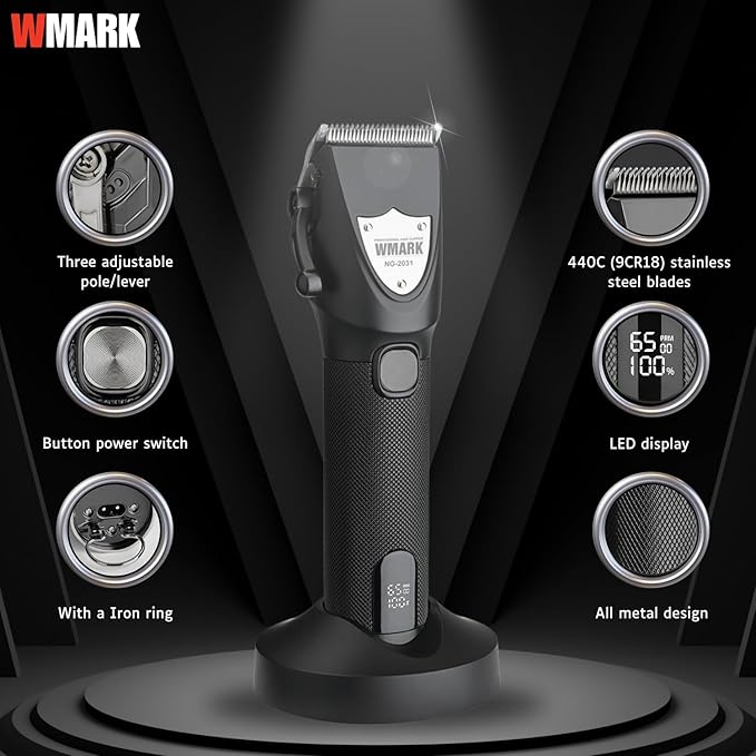 WMARK NG-2031 Trimmer Profesional Zero Gapped – 6500 RPM, Ekran Dixhital, 240 Min Punë, Bazë Karikimi & 6 Krehera