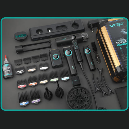 VGR Set Profesional 4-në-1 për Berberë me Çantë Udhëtimi – 9000RPM Makineri Qethëse, Trimmer, Rroje Foil & Tharëse Flokësh