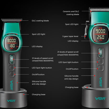 VGR V-885 S2 – Set Profesional Clipper & Trimmer pa Kabllo me 21 Shpejtësi, LED Display