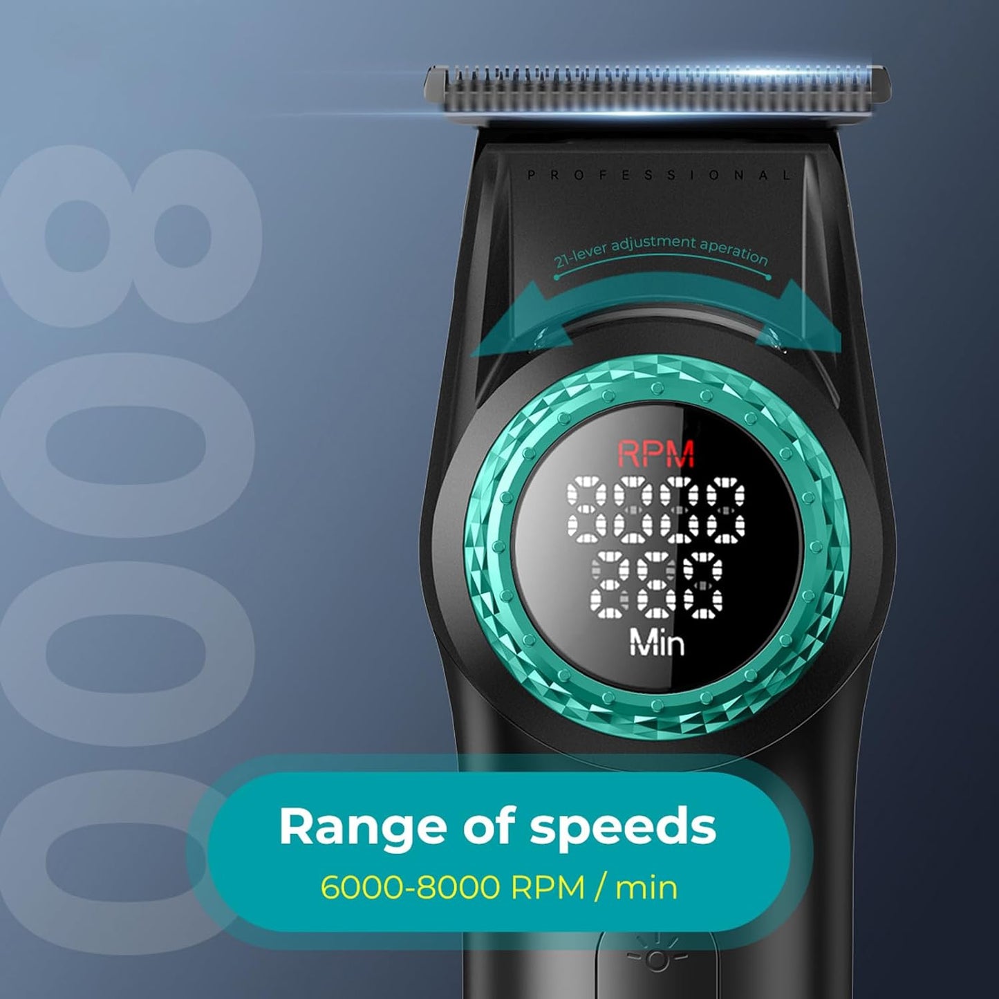 VGR V-977 – Makinë Profesionale për Qethje me Teh T-Formë, Motor 8000 RPM, 21 Shpejtësi, Ekran LED dhe Bateri 2500mAh