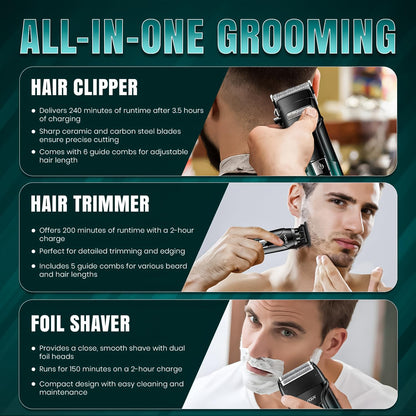 VGR V-694 Set Profesional 3-në-1 – Makineri Rroje, Trimmer & Shaver me Teh Keramike dhe Çelik Karboni, Autonomi e Gjatë, Ekran LED, Karikim USB