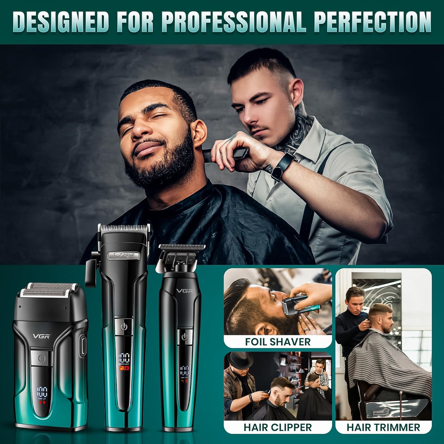 VGR V-694 Set Profesional 3-në-1 – Makineri Rroje, Trimmer & Shaver me Teh Keramike dhe Çelik Karboni, Autonomi e Gjatë, Ekran LED, Karikim USB