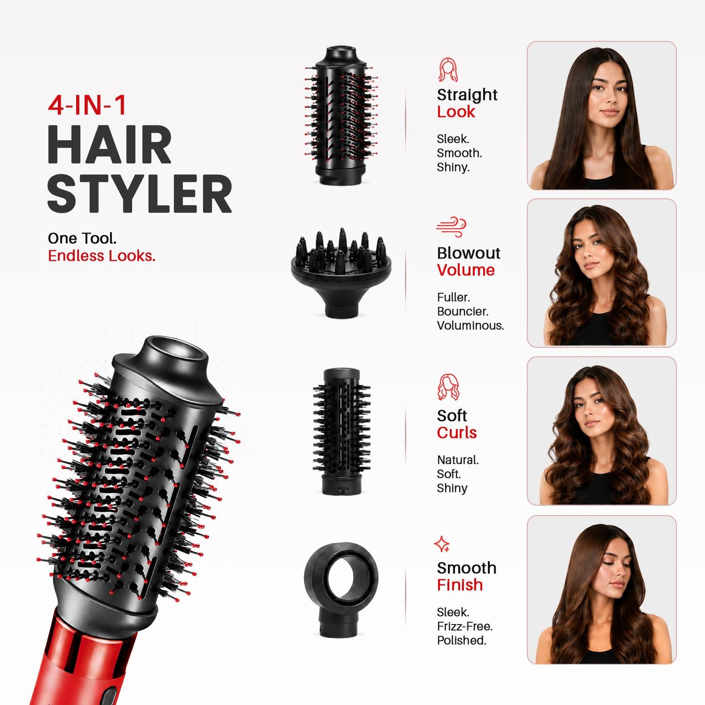 VGR V-484 4-në-1 Hot Air Brush Profesionale 1000–1100W | Furçë për Flokë për Tharje të Shpejtë, Volum dhe Stilim me 4 Aksesorë