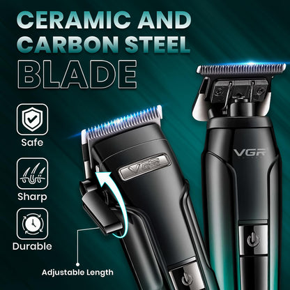 VGR V-694 Set Profesional 3-në-1 – Makineri Rroje, Trimmer & Shaver me Teh Keramike dhe Çelik Karboni, Autonomi e Gjatë, Ekran LED, Karikim USB