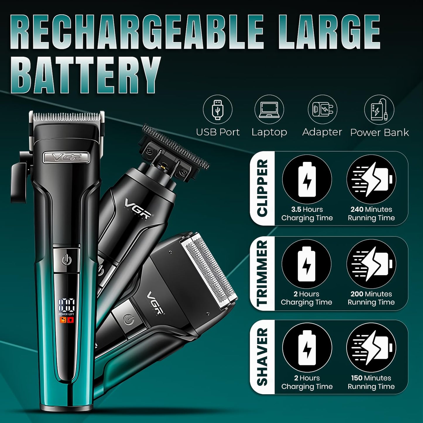 VGR V-694 Set Profesional 3-në-1 – Makineri Rroje, Trimmer & Shaver me Teh Keramike dhe Çelik Karboni, Autonomi e Gjatë, Ekran LED, Karikim USB