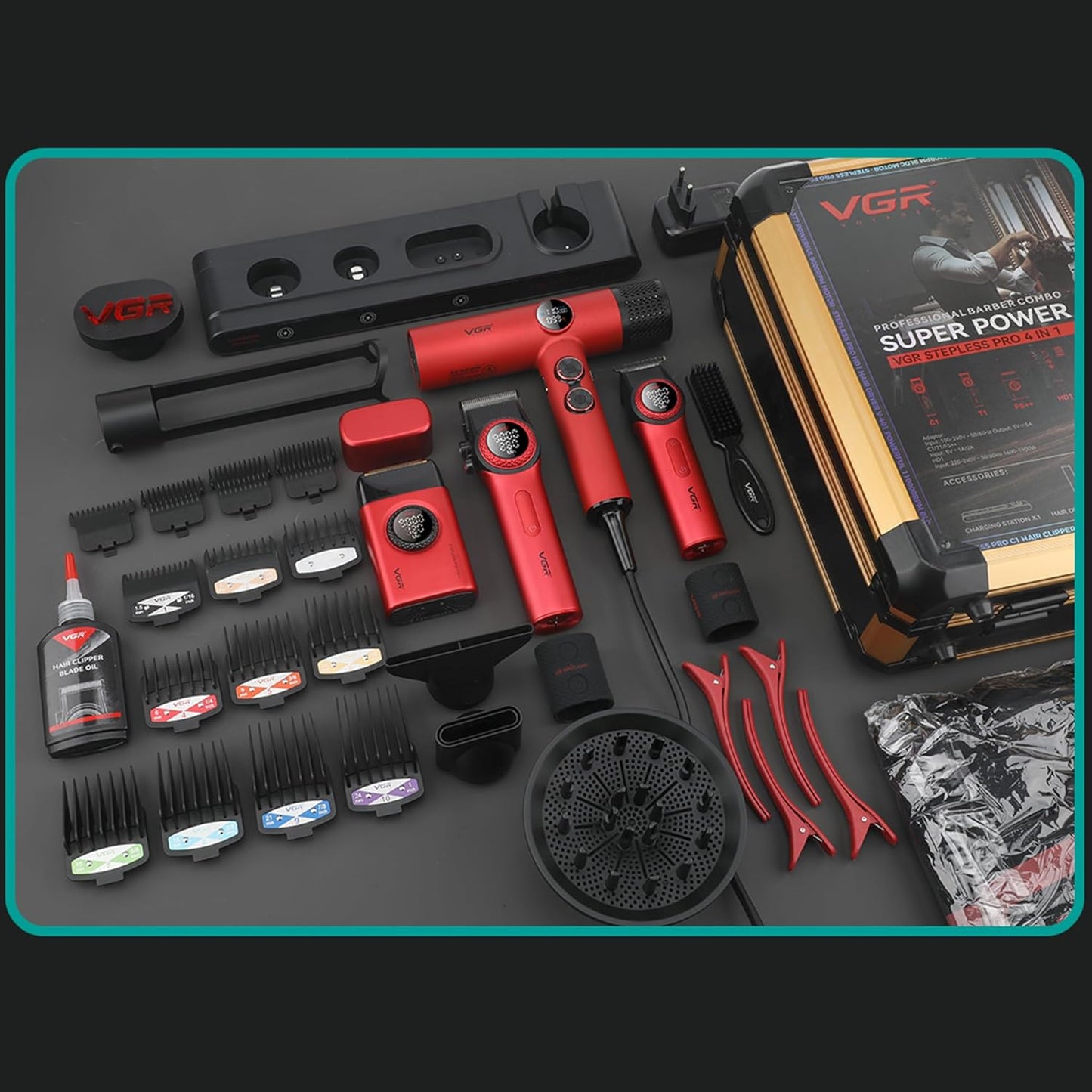 VGR Set Profesional 4-në-1 për Berberë me Çantë Udhëtimi – 9000RPM Makineri Qethëse, Trimmer, Rroje Foil & Tharëse Flokësh