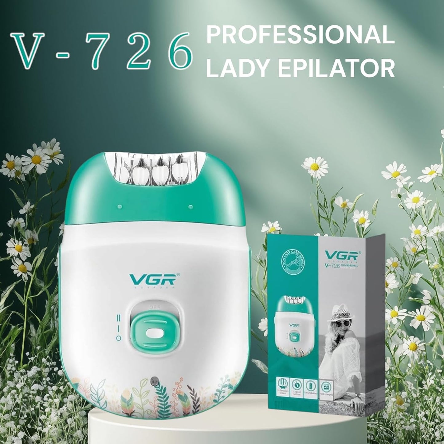 VGR V-726 Epilator Profesional për Femra | Wet & Dry, Pa Kabllo, 60 Min Runtime