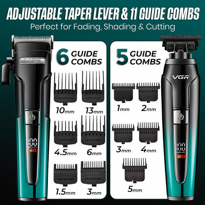VGR V-694 Set Profesional 3-në-1 – Makineri Rroje, Trimmer & Shaver me Teh Keramike dhe Çelik Karboni, Autonomi e Gjatë, Ekran LED, Karikim USB