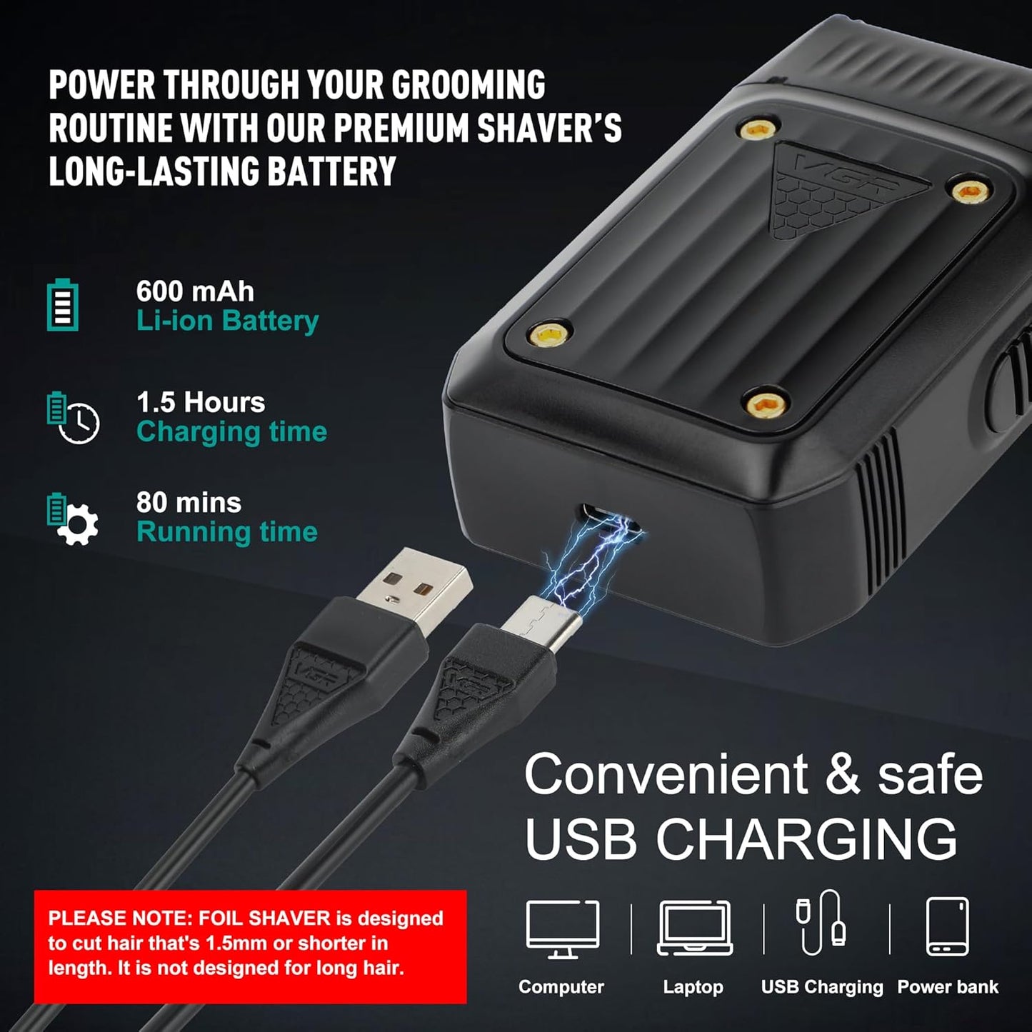 VGR V-363 Electric Foil Shaver – Rroje Profesionale me Dy Fleta, 8000 RPM & Bateri 80 Min, USB-C, E Përshtatshme për Lëkurë të Ndjeshme